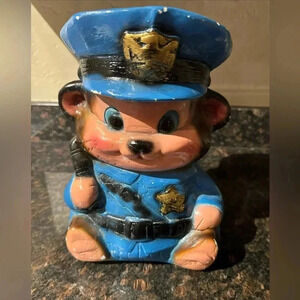 VINTAGE Ceramic Police Bear Coin Piggy Bank 60’s 70’s Collectible Nursery Decor